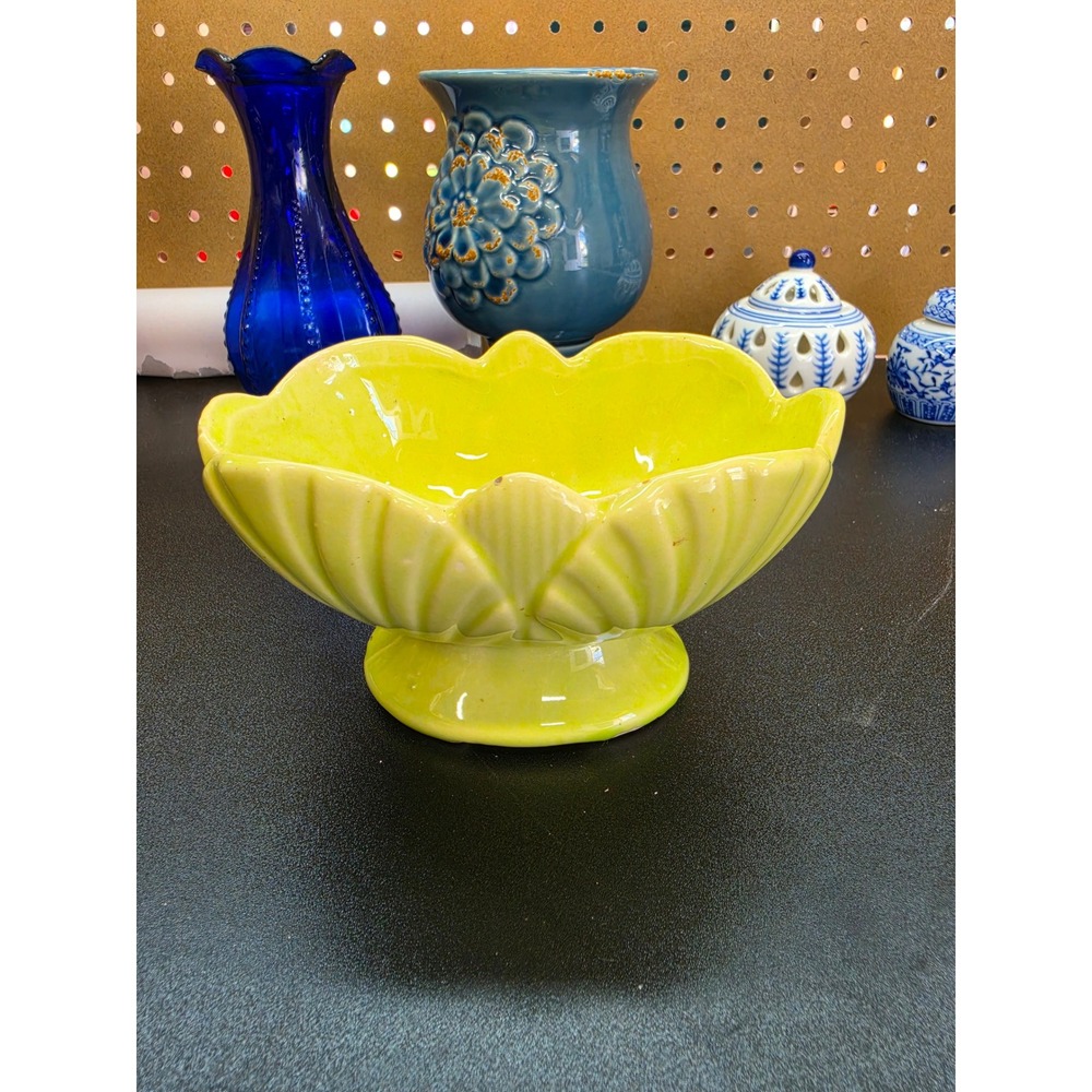 Vintage Chartreuse Yellow Scalloped Shell Footed Ceramic Planter Bowl MCM